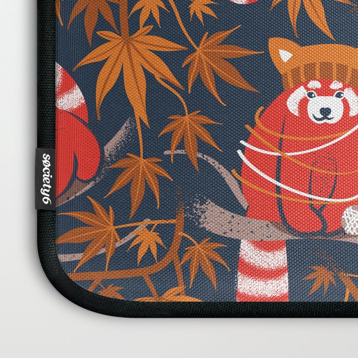 Red panda blending with the foliage // navy background red cozy animals fog brown taupe tree branches orange acer leaves Laptop Sleeve Gallery Image 3