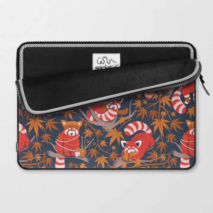 Red panda blending with the foliage // navy background red cozy animals fog brown taupe tree branches orange acer leaves Laptop Sleeve Gallery Image 2