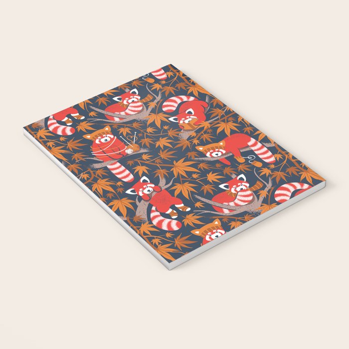Red panda blending with the foliage // navy background red cozy animals fog brown taupe tree branches orange acer leaves Notebook Gallery Image 3