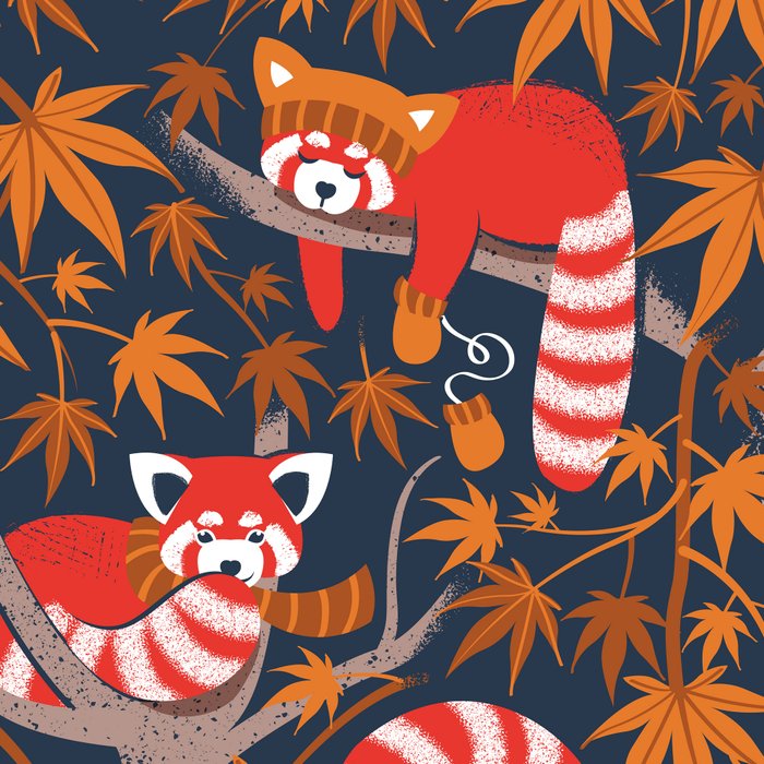 Red panda blending with the foliage // navy background red cozy animals fog brown taupe tree branches orange acer leaves Coffee Mug Gallery Image 2