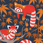 Red panda blending with the foliage // navy background red cozy animals fog brown taupe tree branches orange acer leaves Coffee Mug Gallery Image 2
