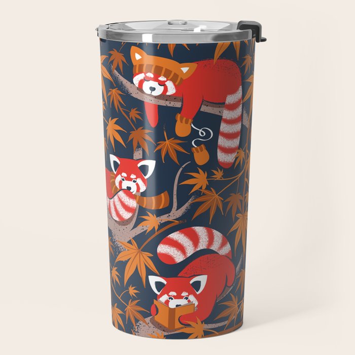 Red panda blending with the foliage // navy background red cozy animals fog brown taupe tree branches orange acer leaves Travel Mug Gallery Image 2
