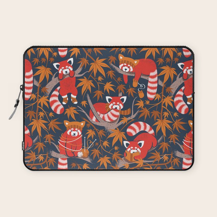 Red panda blending with the foliage // navy background red cozy animals fog brown taupe tree branches orange acer leaves Laptop Sleeve Gallery Image 1