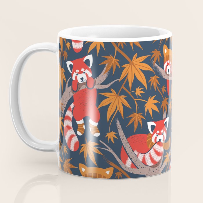 Red panda blending with the foliage // navy background red cozy animals fog brown taupe tree branches orange acer leaves Coffee Mug Gallery Image 3