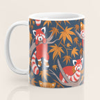 Red panda blending with the foliage // navy background red cozy animals fog brown taupe tree branches orange acer leaves Coffee Mug Gallery Image 3