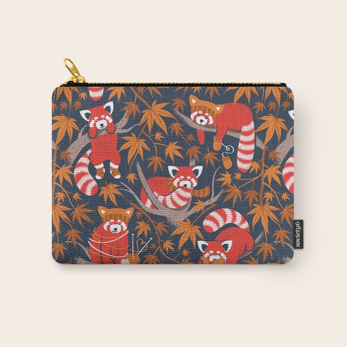 Red panda blending with the foliage // navy background red cozy animals fog brown taupe tree branches orange acer leaves Carry All Pouch Gallery Image 1