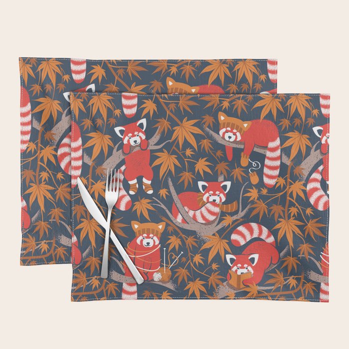 Red panda blending with the foliage // navy background red cozy animals fog brown taupe tree branches orange acer leaves Placemat Gallery Image 1