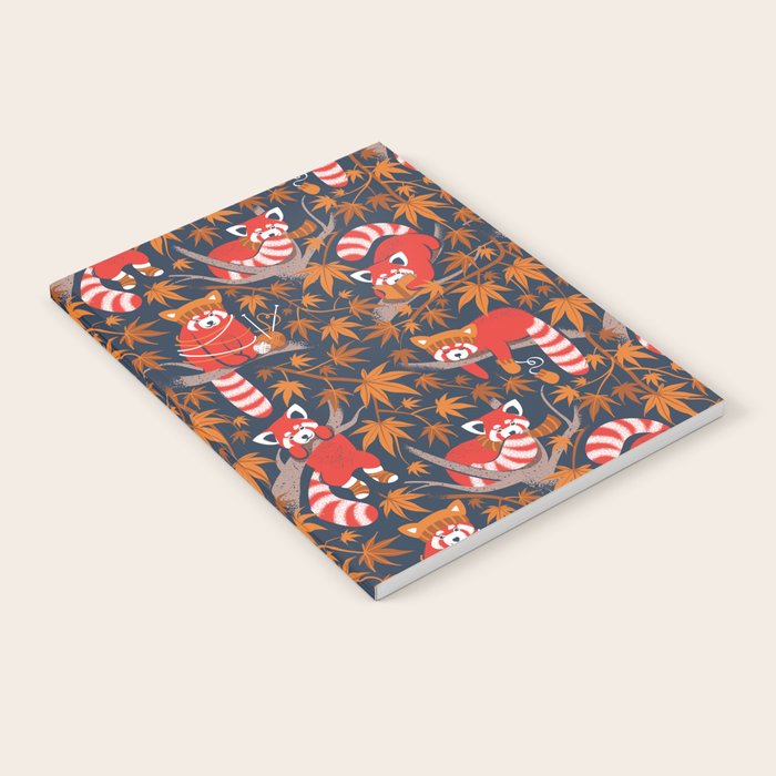 Red panda blending with the foliage // navy background red cozy animals fog brown taupe tree branches orange acer leaves Notebook Gallery Image 2
