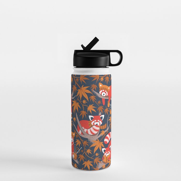 Red panda blending with the foliage // navy background red cozy animals fog brown taupe tree branches orange acer leaves Water Bottle Gallery Image 1