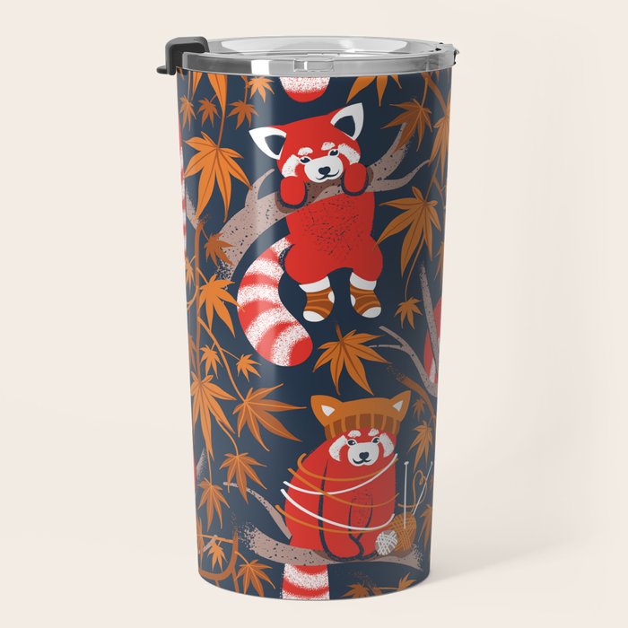 Red panda blending with the foliage // navy background red cozy animals fog brown taupe tree branches orange acer leaves Travel Mug Gallery Image 3