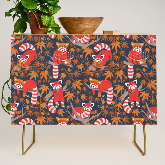 Red panda blending with the foliage // navy background red cozy animals fog brown taupe tree branches orange acer leaves Credenza Gallery Image 1