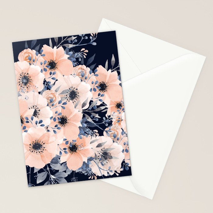 Festive, Floral Watercolor Print, Navy and Pink Stationery Card Gallery Image 2