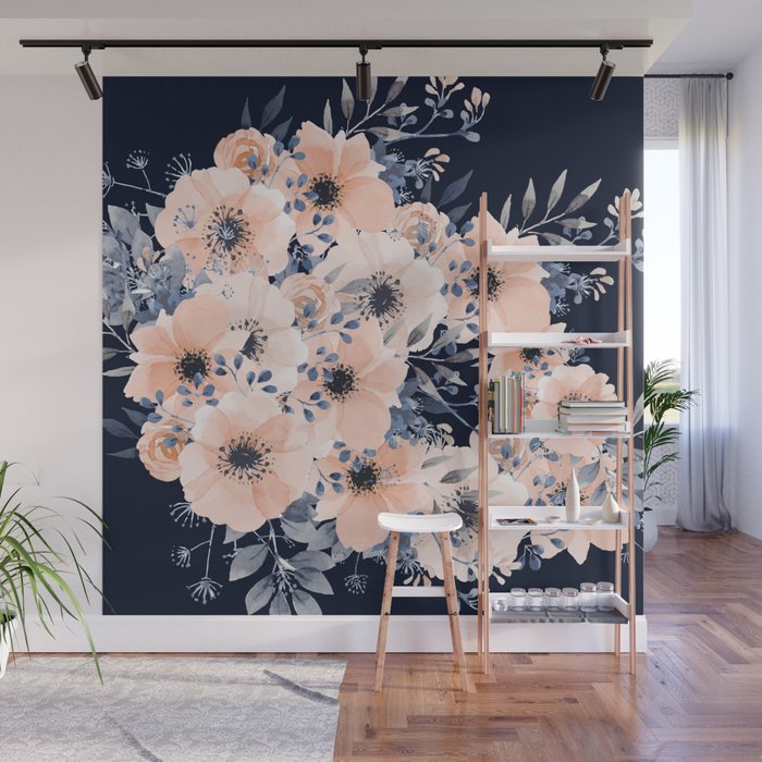 Festive, Floral Watercolor Print, Navy and Pink Wall Mural Gallery Image 1