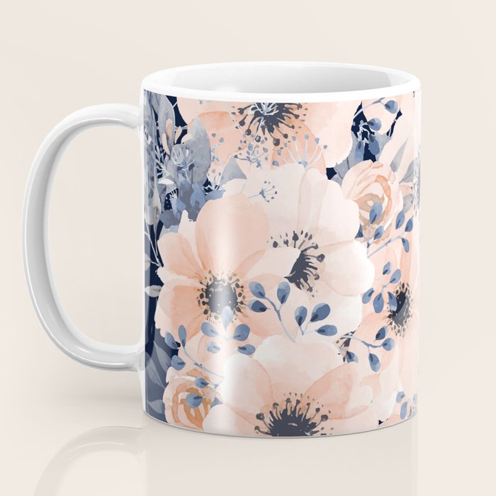 Festive, Floral Watercolor Print, Navy and Pink Coffee Mug Gallery Image 3