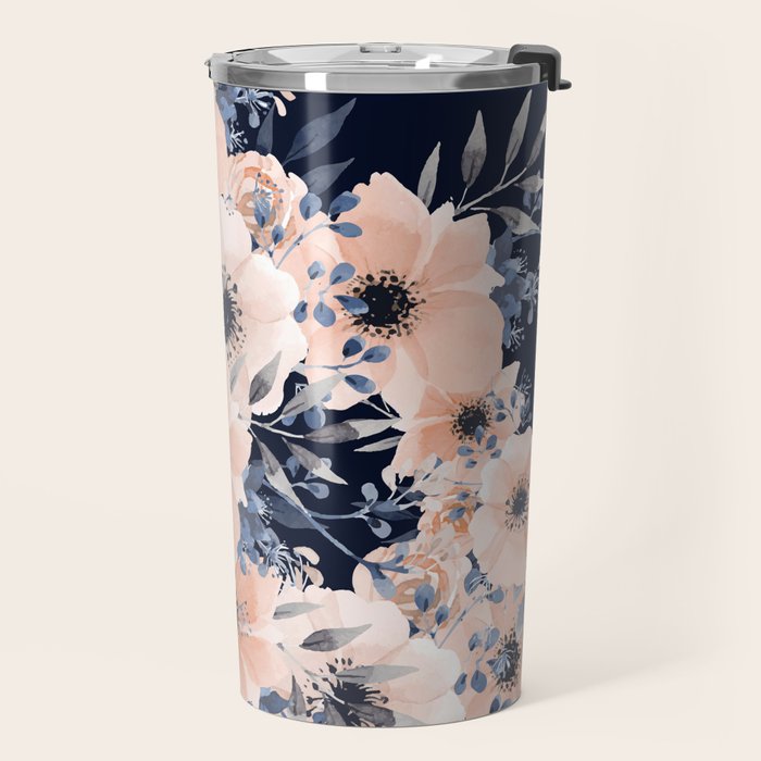 Festive, Floral Watercolor Print, Navy and Pink Travel Mug Gallery Image 2