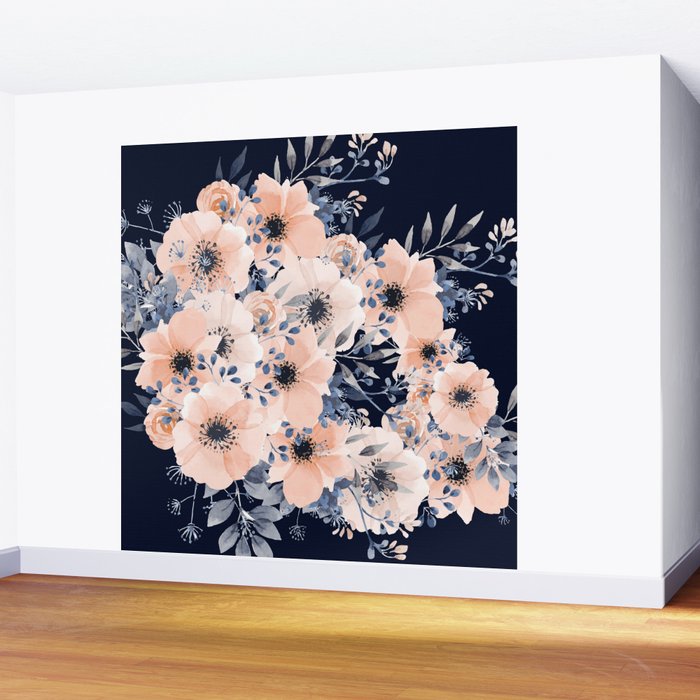 Festive, Floral Watercolor Print, Navy and Pink Wall Mural Gallery Image 2