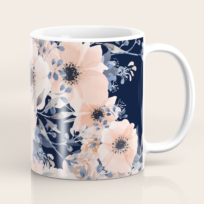 Festive, Floral Watercolor Print, Navy and Pink Coffee Mug Gallery Image 1