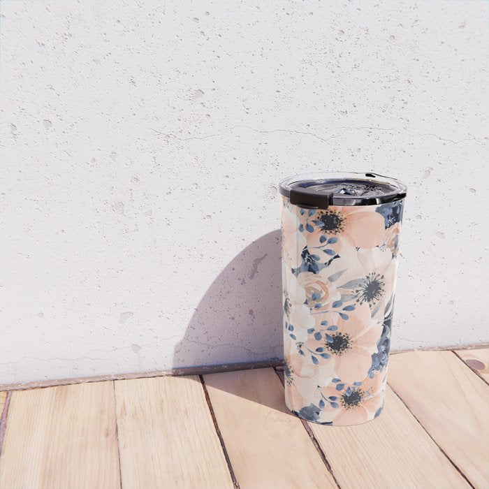 Festive, Floral Watercolor Print, Navy and Pink Travel Mug Gallery Image 4