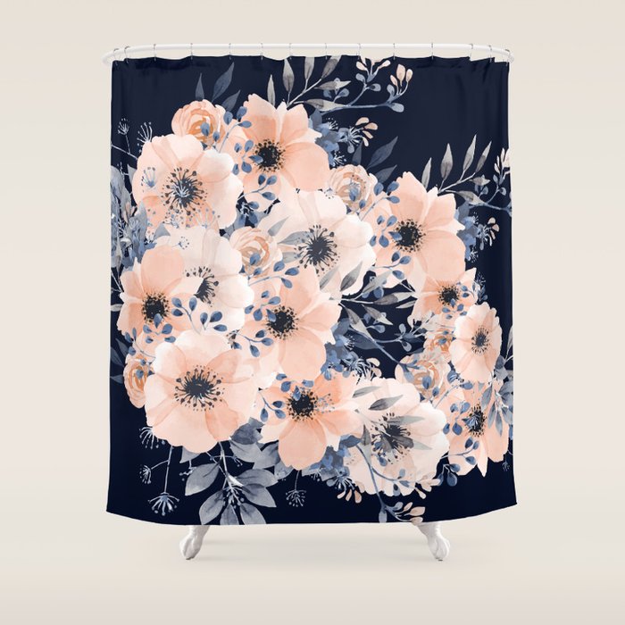 Festive, Floral Watercolor Print, Navy and Pink Shower Curtain Gallery Image 1