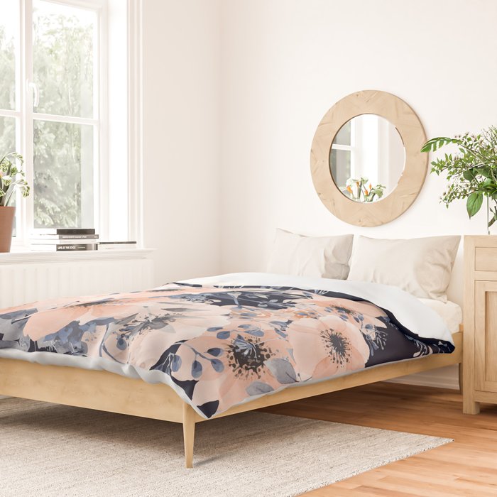 Festive, Floral Watercolor Print, Navy and Pink Duvet Cover Gallery Image 2