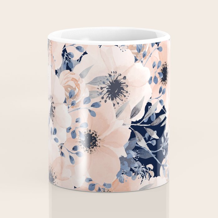 Festive, Floral Watercolor Print, Navy and Pink Coffee Mug Gallery Image 4