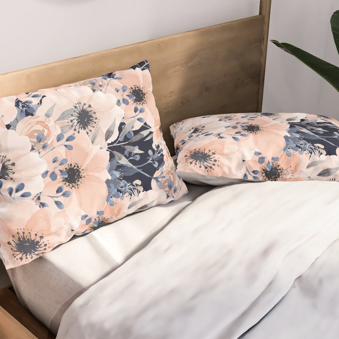 Festive, Floral Watercolor Print, Navy and Pink Pillow Sham Gallery Image 2