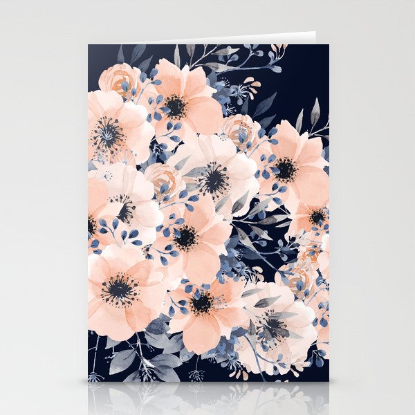 Festive, Floral Watercolor Print, Navy and Pink Stationery Card Gallery Image 2
