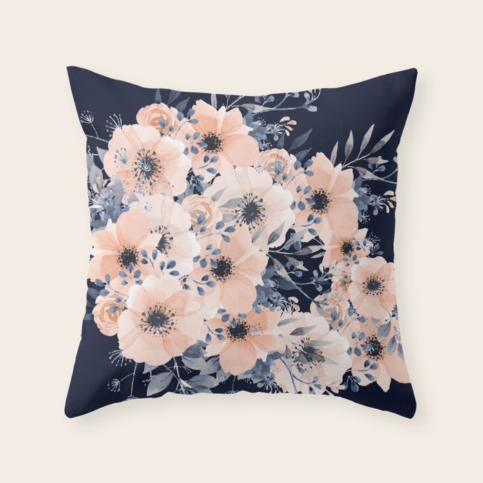 Festive, Floral Watercolor Print, Navy and Pink Throw Pillow Gallery Image 1