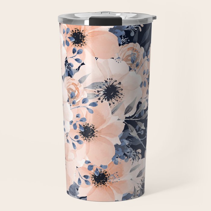 Festive, Floral Watercolor Print, Navy and Pink Travel Mug Gallery Image 1