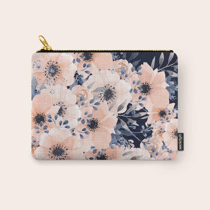 Festive, Floral Watercolor Print, Navy and Pink Carry All Pouch Gallery Image 1
