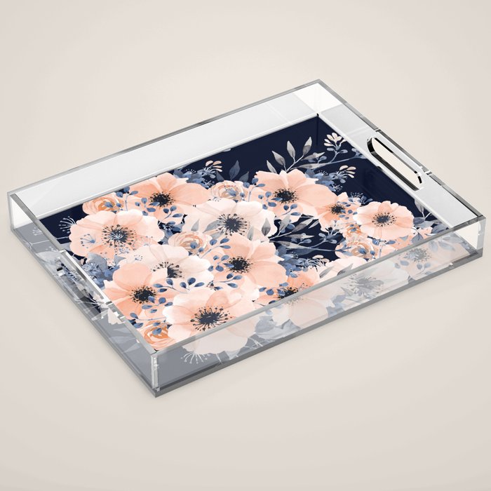 Festive, Floral Watercolor Print, Navy and Pink Acrylic Tray Gallery Image 1