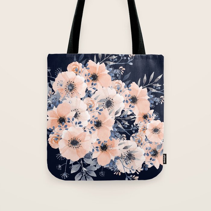 Festive, Floral Watercolor Print, Navy and Pink Tote Bag Gallery Image 1