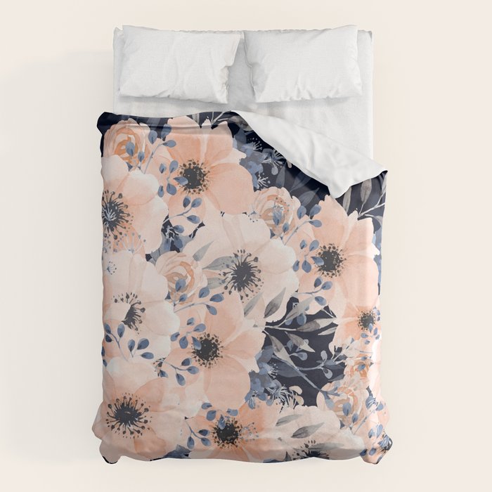 Festive, Floral Watercolor Print, Navy and Pink Duvet Cover Gallery Image 6