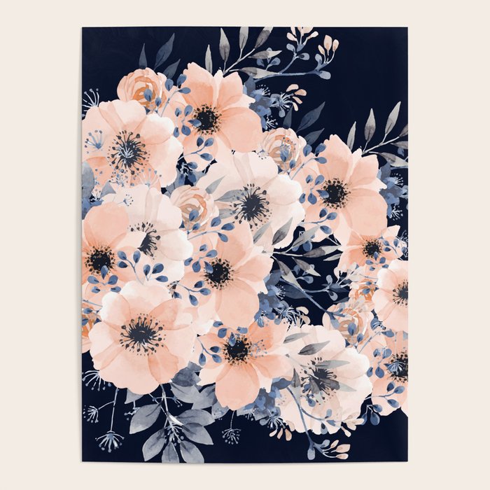 Festive, Floral Watercolor Print, Navy and Pink Poster Gallery Image 4