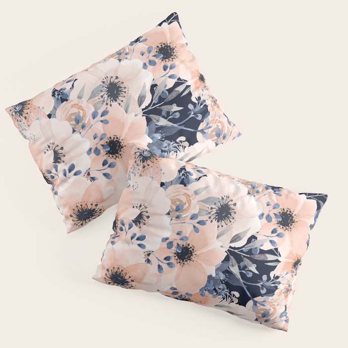 Festive, Floral Watercolor Print, Navy and Pink Pillow Sham Gallery Image 3