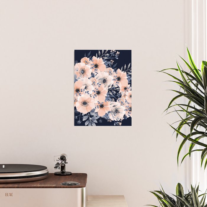 Festive, Floral Watercolor Print, Navy and Pink Poster Gallery Image 2