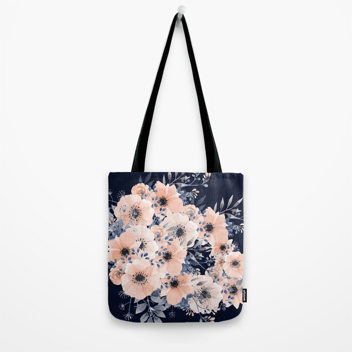 Festive, Floral Watercolor Print, Navy and Pink Tote Bag Gallery Image 2