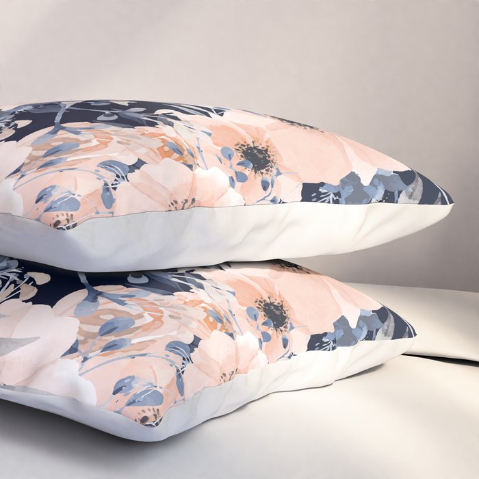 Festive, Floral Watercolor Print, Navy and Pink Pillow Sham Gallery Image 3