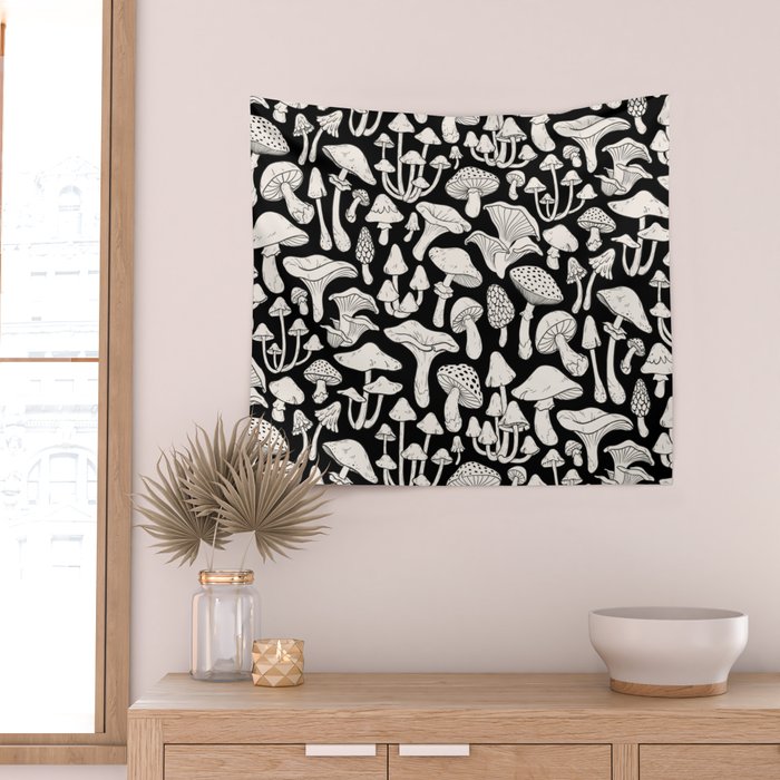 Mushrooms in Black And White Wall Tapestry Gallery Image 2