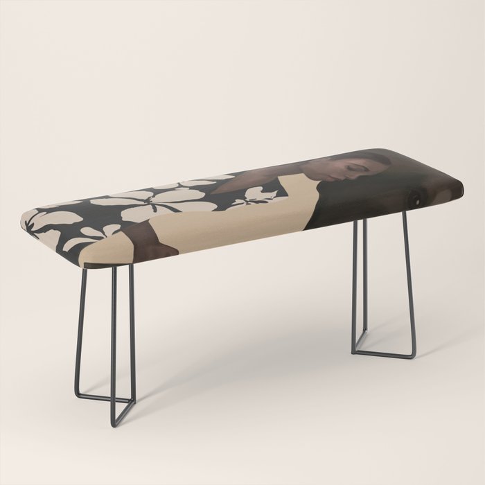 Woman in Bold Print with Black Horse Bench Gallery Image 1