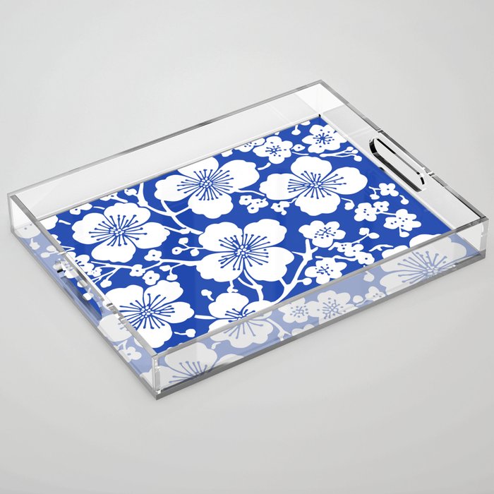 Cherry Blossoms Pattern Blue Acrylic Tray Gallery Image 1