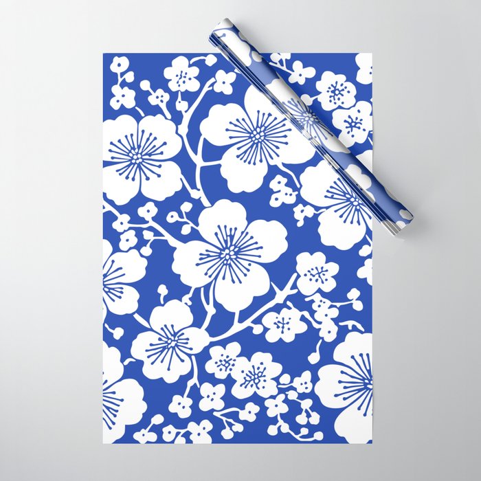 Cherry Blossoms Pattern Blue Wrapping Paper Gallery Image 1