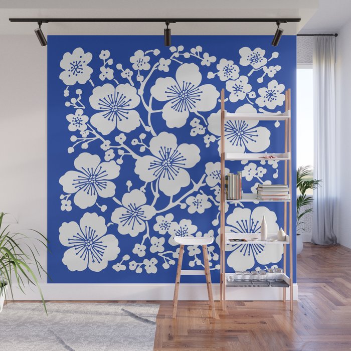 Cherry Blossoms Pattern Blue Wall Mural Gallery Image 1