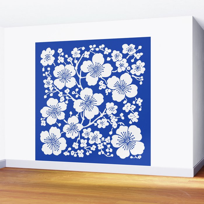 Cherry Blossoms Pattern Blue Wall Mural Gallery Image 2