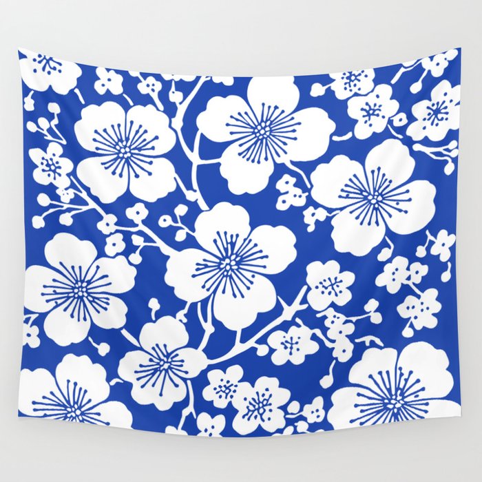 Cherry Blossoms Pattern Blue Wall Tapestry Gallery Image 4