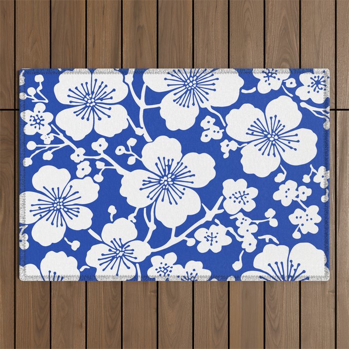 Cherry Blossoms Pattern Blue Outdoor Rug Gallery Image 1