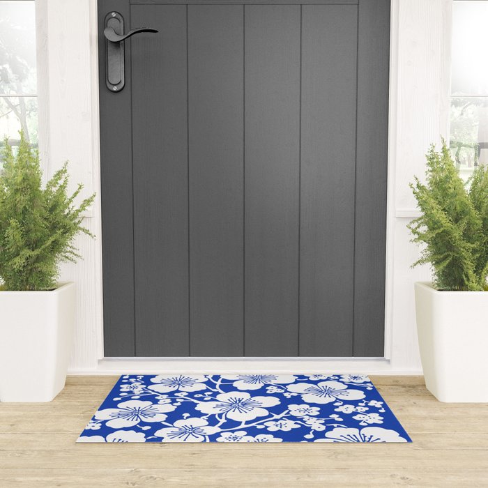 Cherry Blossoms Pattern Blue Welcome Mat Gallery Image 3