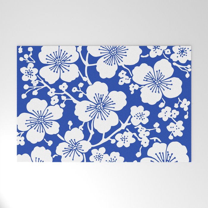 Cherry Blossoms Pattern Blue Welcome Mat Gallery Image 1