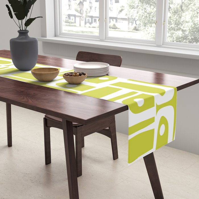 Mid Century Modern Piquet Abstract Multi Pattern in Chartreuse and White Table Runner Gallery Image 2