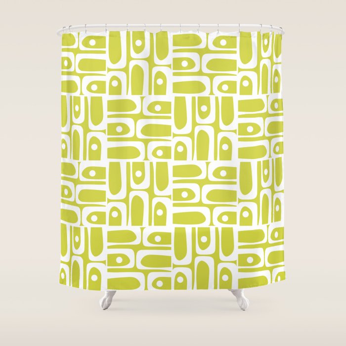 Mid Century Modern Piquet Abstract Multi Pattern in Chartreuse and White Shower Curtain Gallery Image 1